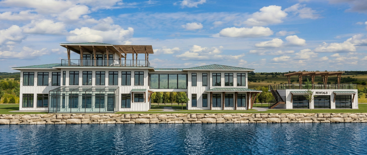 Conceptual architectural rendering of a planned waterfront building—not a photograph of built work